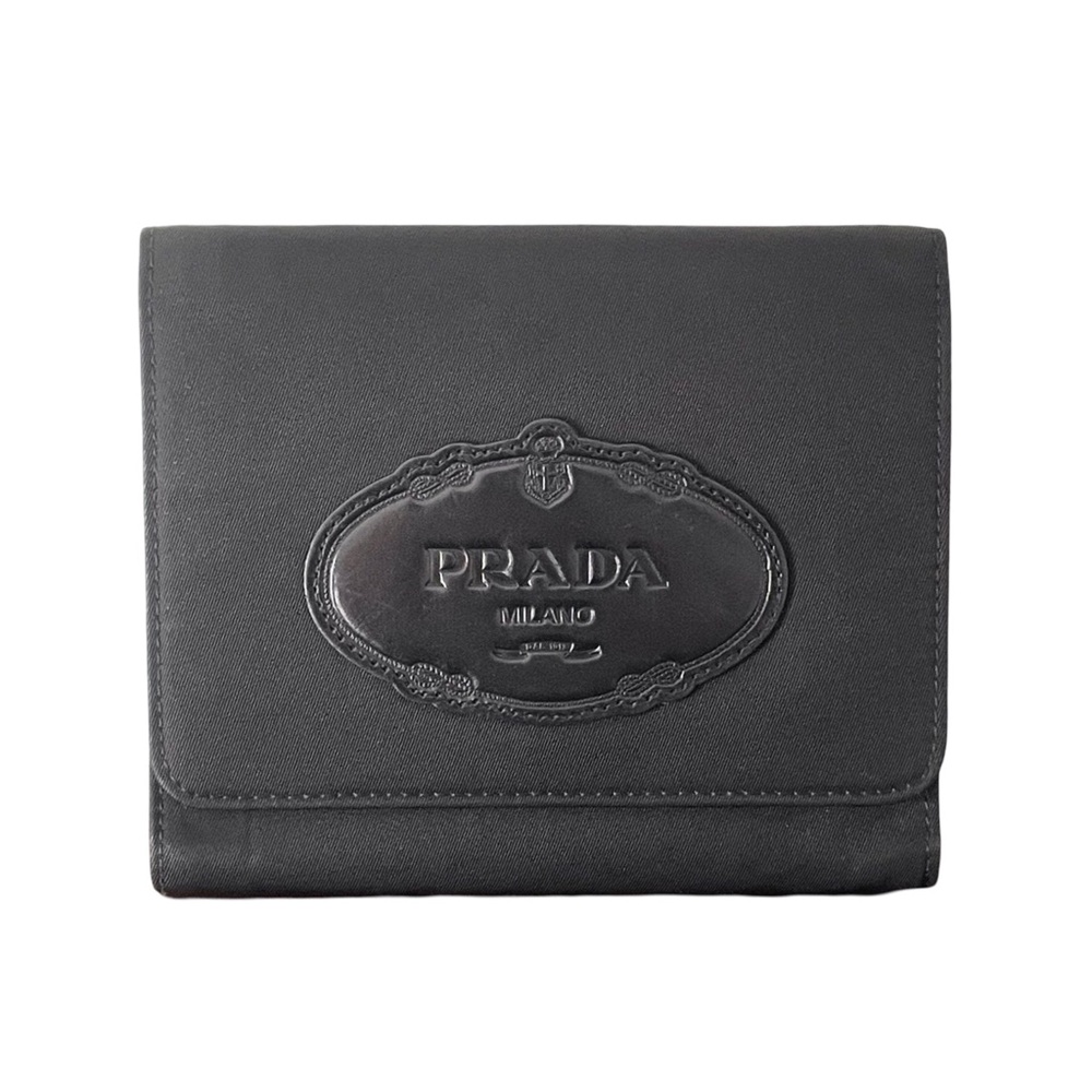 Prada black nylon embossed leather logo trifold snap medium wallet